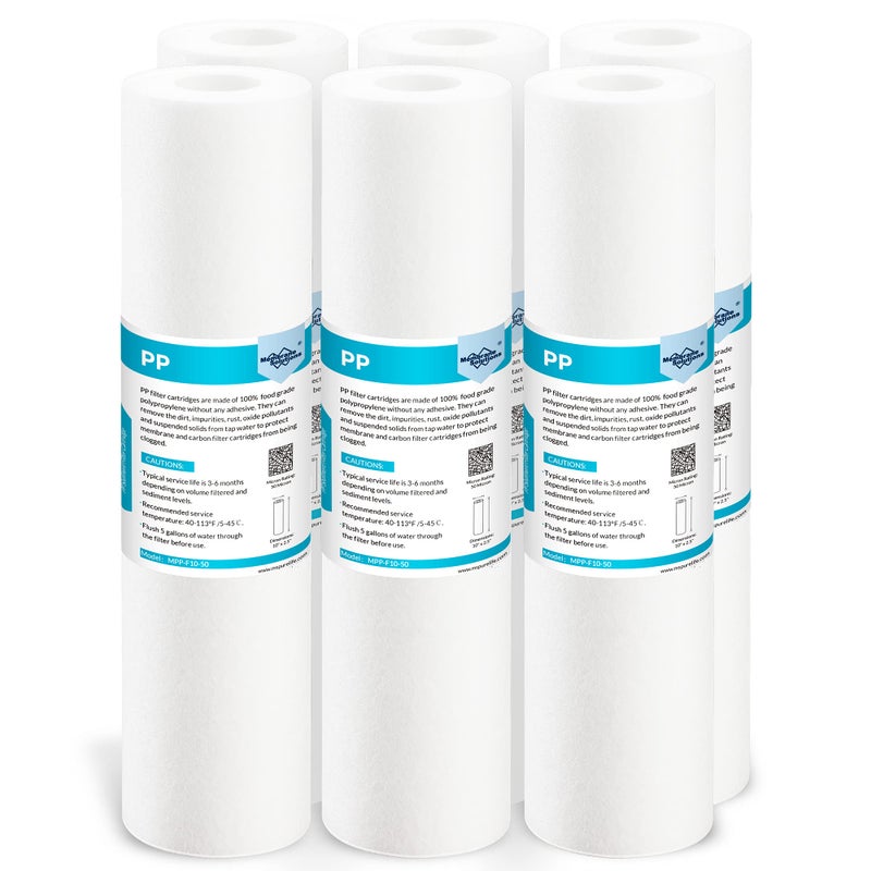 Membrane Solutions 50 Micron Sediment Water Filter Replacement Polypropylene Cartridge 10"x 2.5" for Whole House RO System, Compatible with Aqua-Pure AP110, GE FXUSC, WHKF-GD05, Culligan P5-6 Pack - Image 1